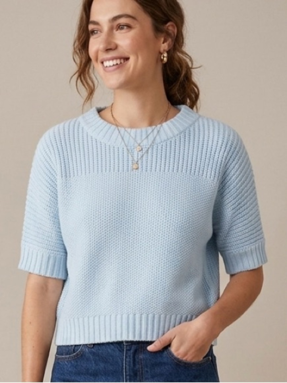 Blair Light Blue Knit Crewneck Sweater, Short Sleeve, Size Medium